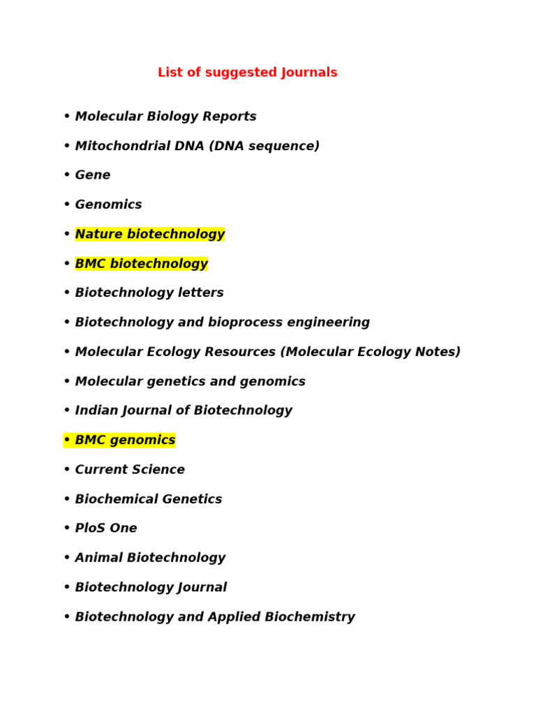 Suggested Journals and Resources for Biotechnology | PDF ...