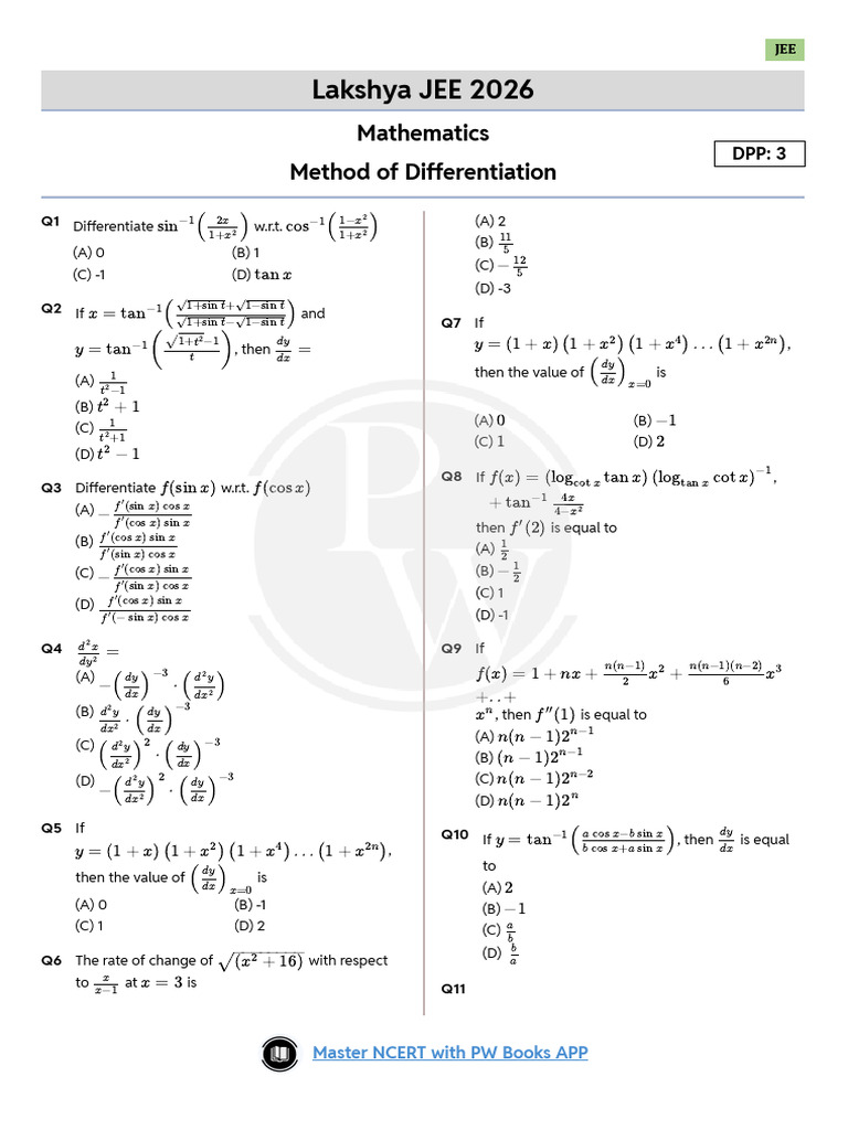 Methods of Differentiation DPP 03 (of Lec 07) | PDF