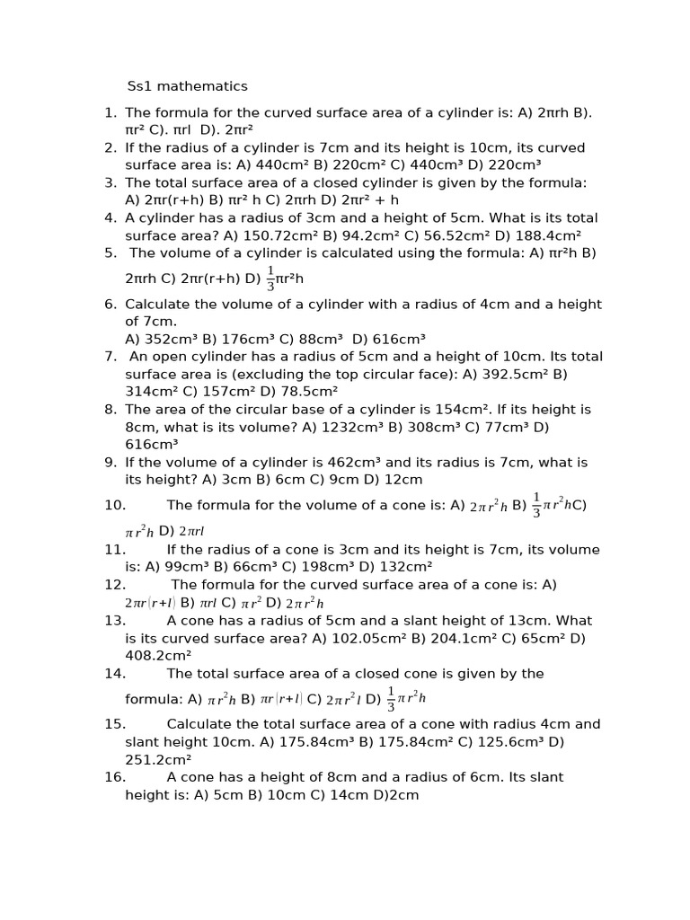 Cylinder and Cone Geometry Formulas | PDF | Circle | Area