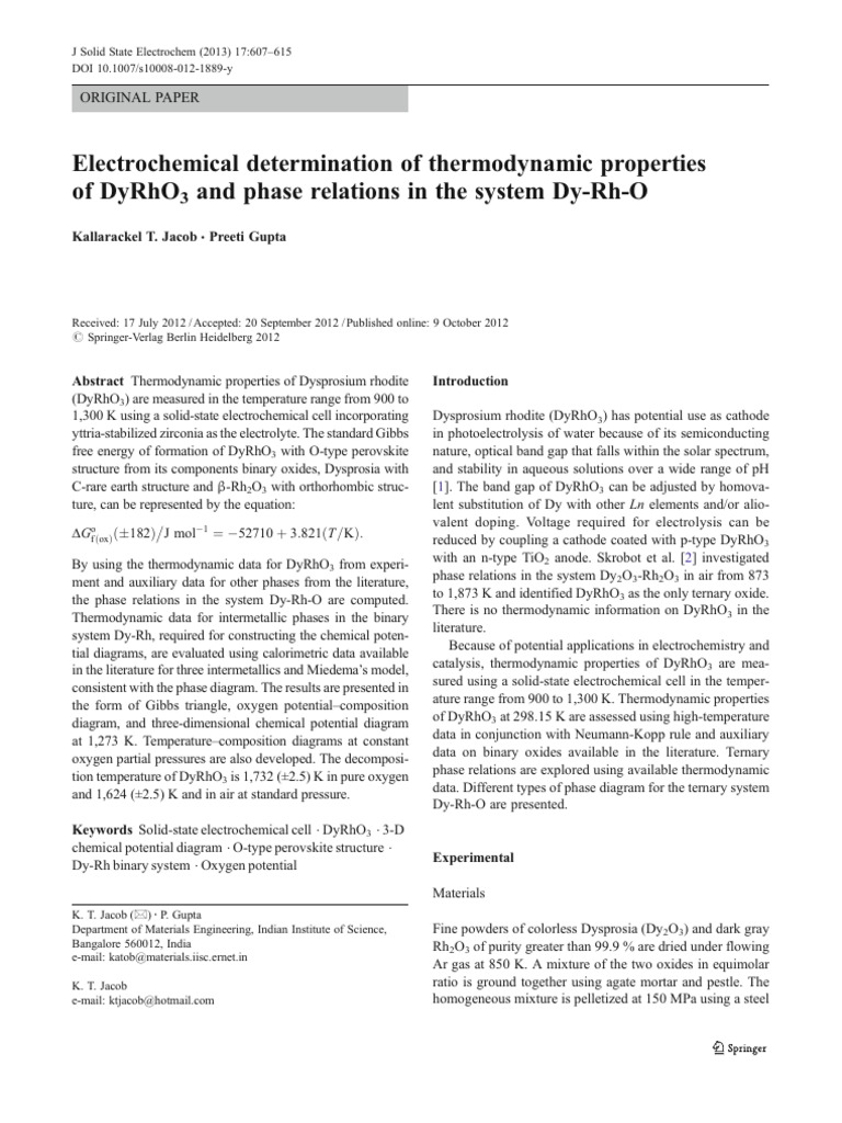 Electrochemical Determination of Thermodynamic Properties of DyRhO3 and ...