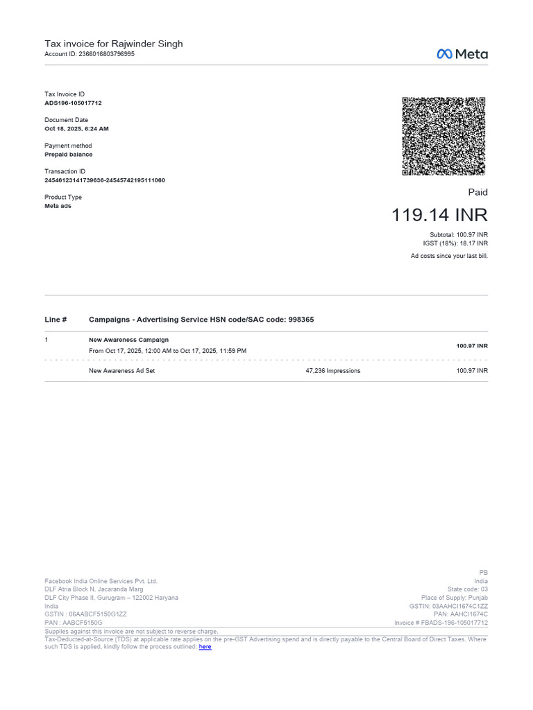 Tax Invoices for Meta Ads Services | PDF | Invoice | Public Finance