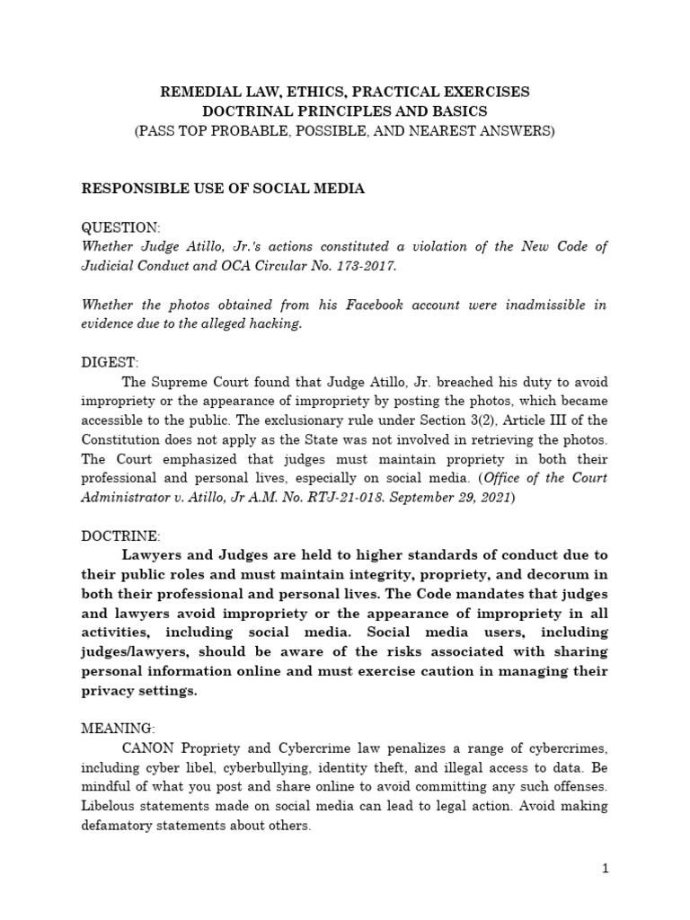 Remedial Law, Ethics, Practical Exercises Doctrinal Principles and ...