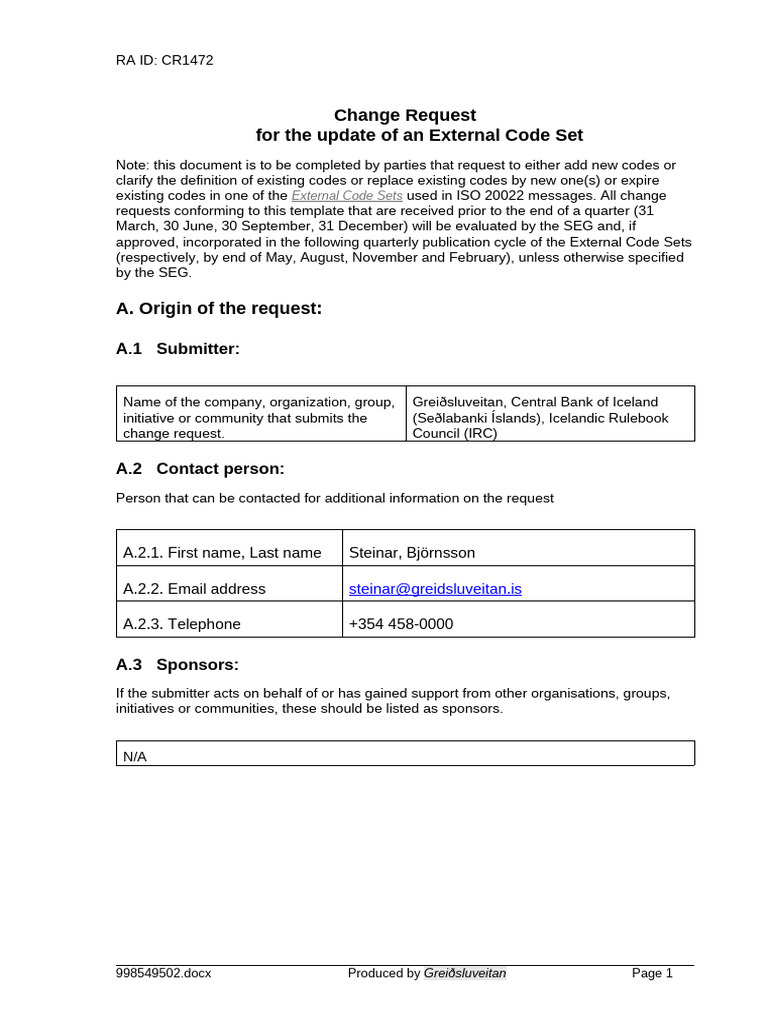Update Request for ISO 20022 Code Set | PDF | Computing