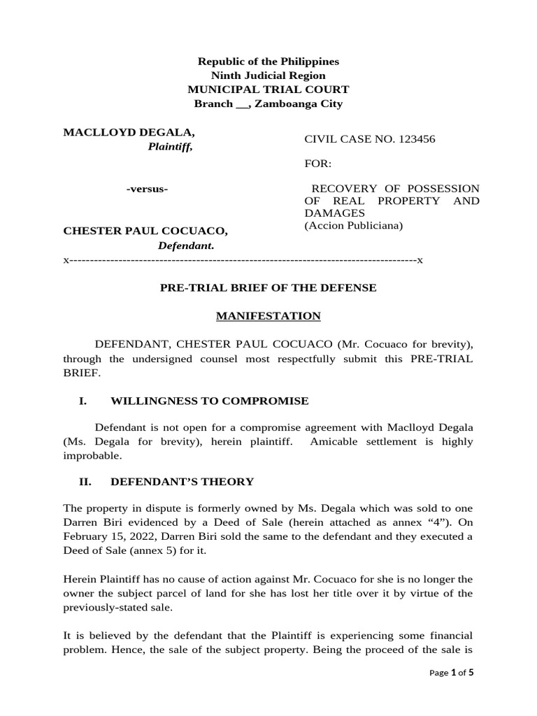 Defense Pre-Trial Brief in Property Case | PDF | Damages | Negligence