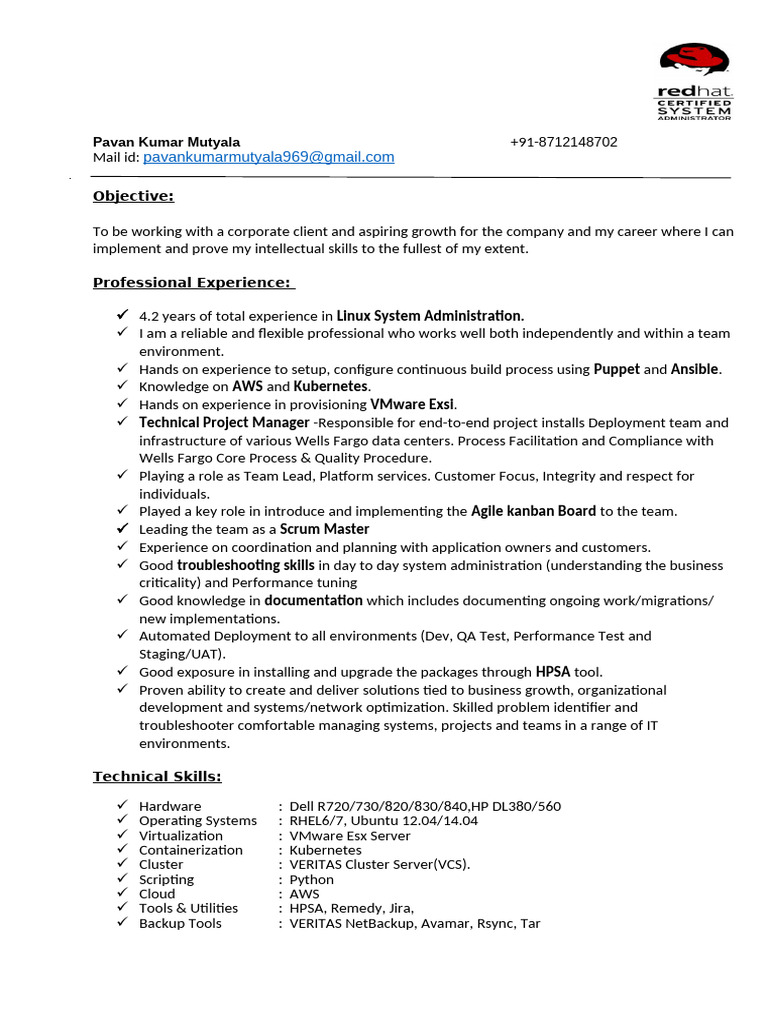 Linux System Administrator Resume | PDF | Server (Computing) | Linux