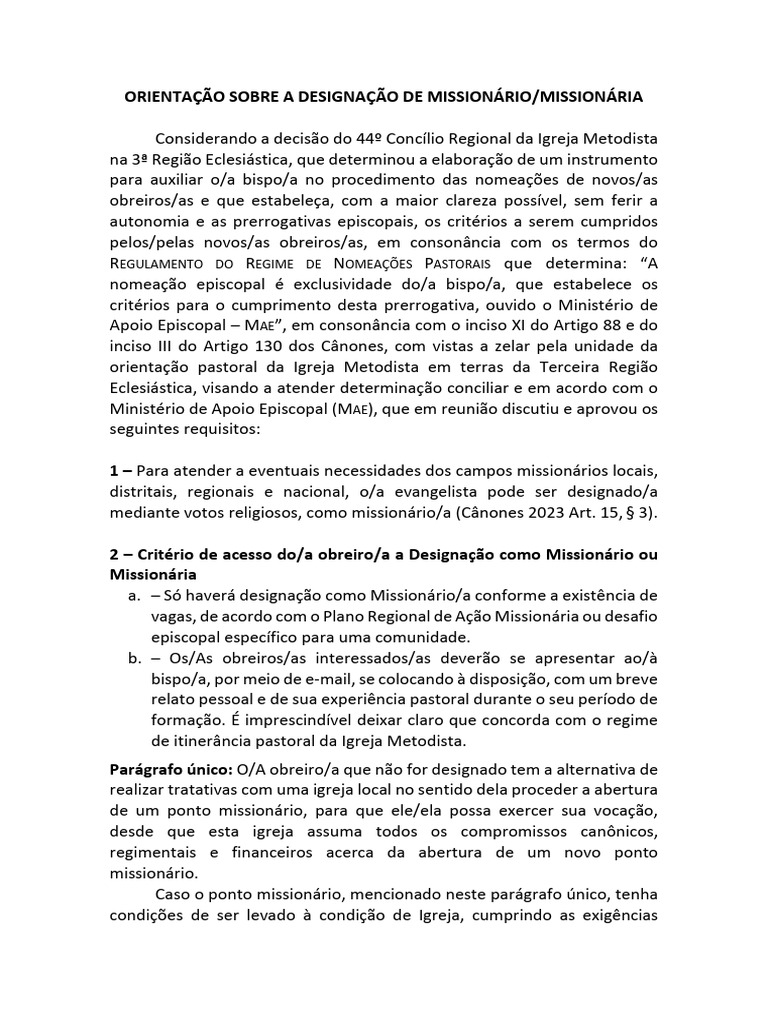 Critérios para Designação de Missionários | PDF | Bispo | Igreja cristã