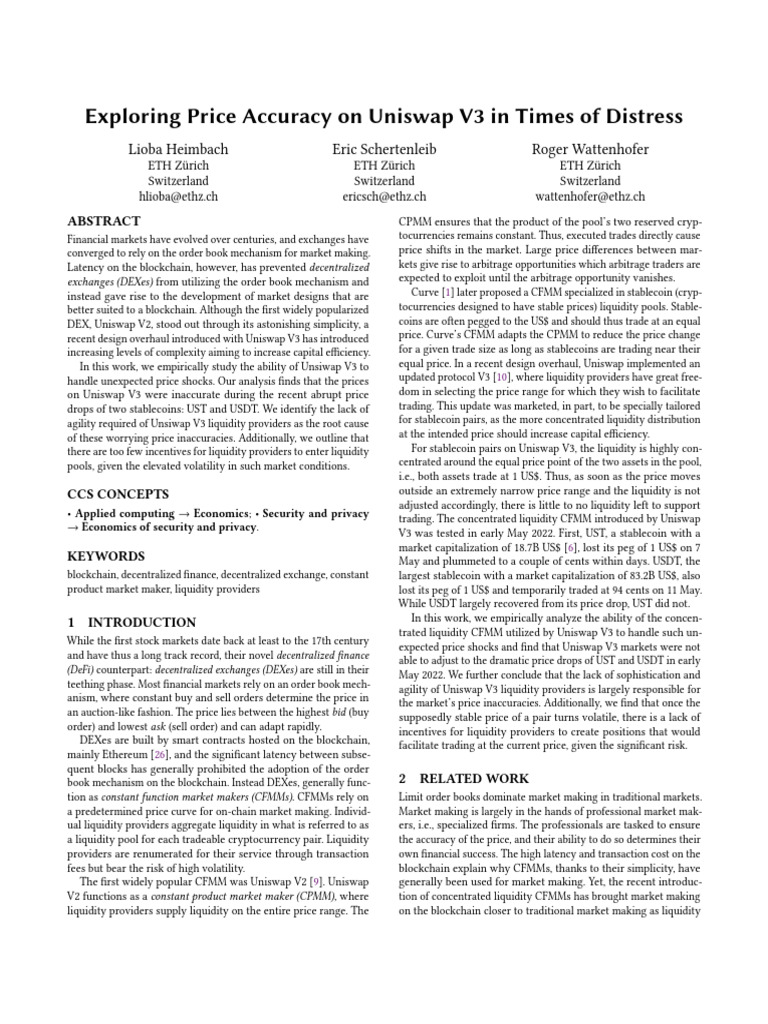 Exploring Price Accuracy On Uniswap V3 in Times of Distress: Lioba Heimbach  Eric Schertenleib Roger Wattenhofer | PDF | Market Maker | Market Liquidity