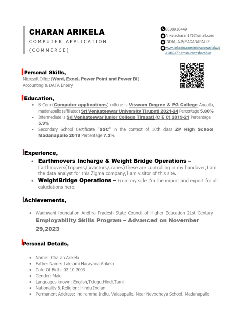 Charan Arikela: Commerce Graduate Resume | PDF