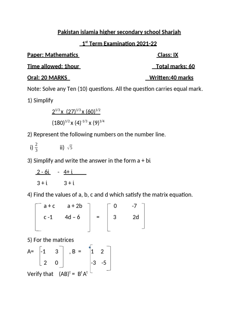 Mathematics Exam Paper Class IX | PDF