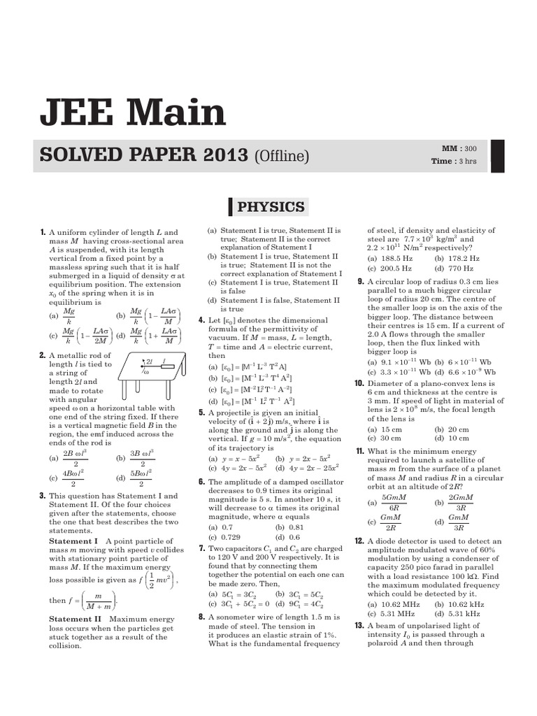 Physics Problems from JEE Main 2013 | PDF | Gases | Capacitor