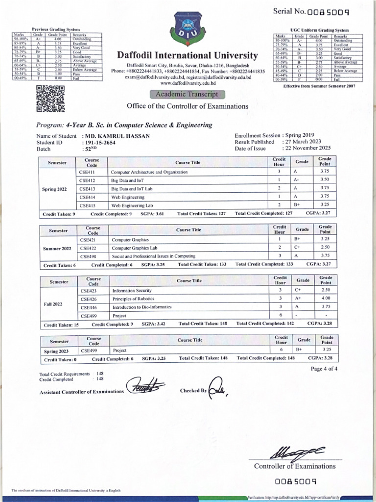 Transcript 4th Year, MD Kamrul Hassan | PDF