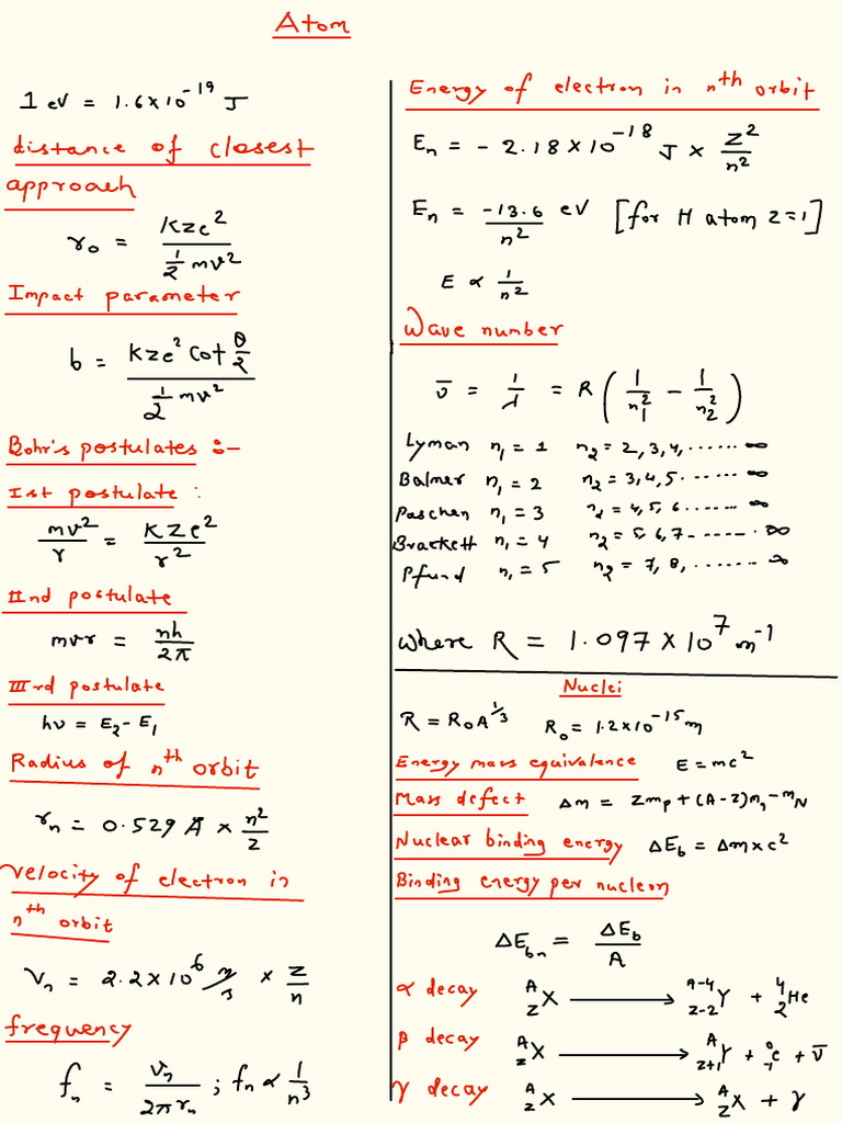Formula Sheet (Atom and Nuclei) | PDF
