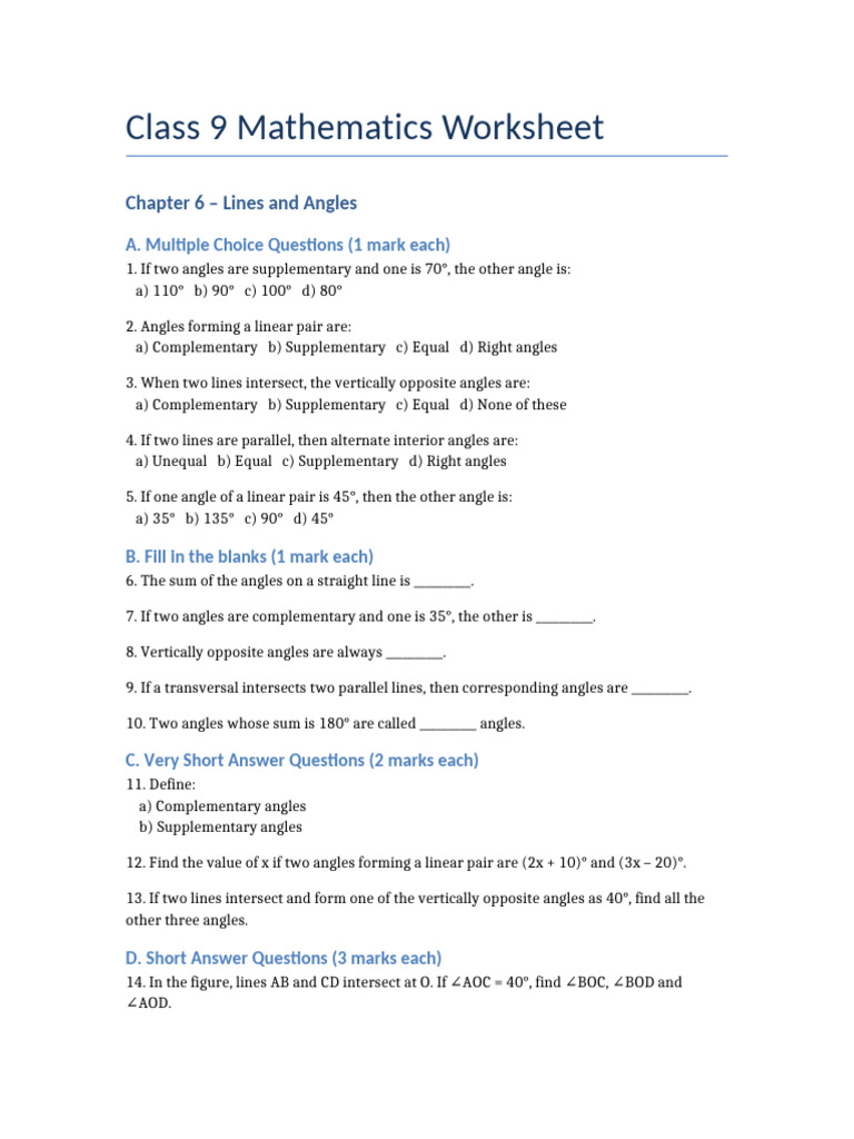 Class 9 Lines and Angles Worksheet | PDF