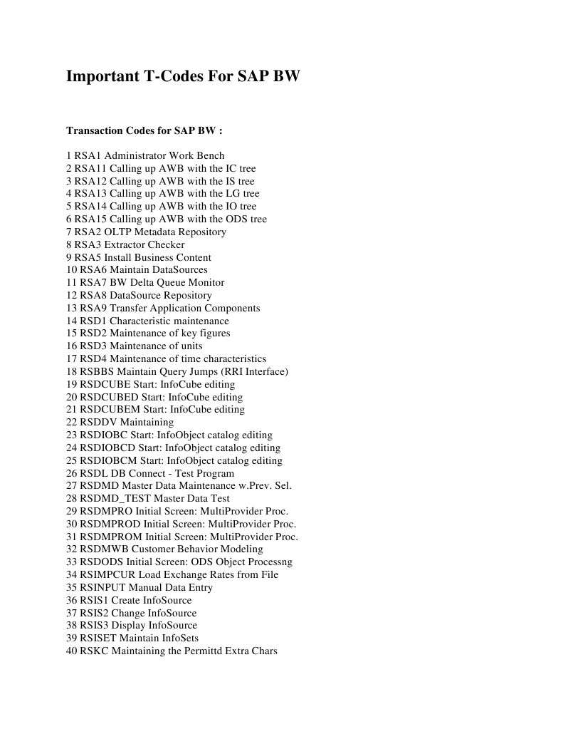 Important T-Codes For SAP BW | PDF | Information Technology Management ...