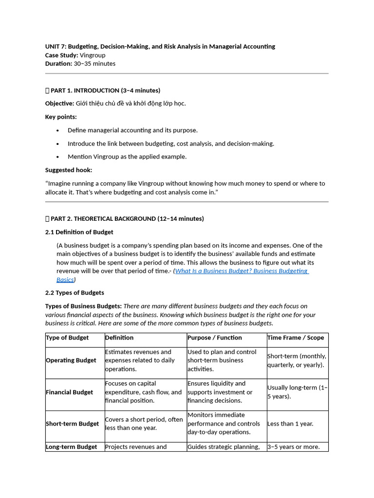 Budgeting and Risk Analysis in Accounting | PDF | Budget | Internal ...