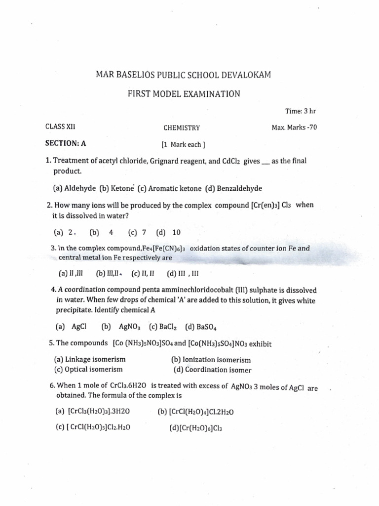 Class XII Chemistry Model Exam Questions | PDF | Aldehyde | Ketone