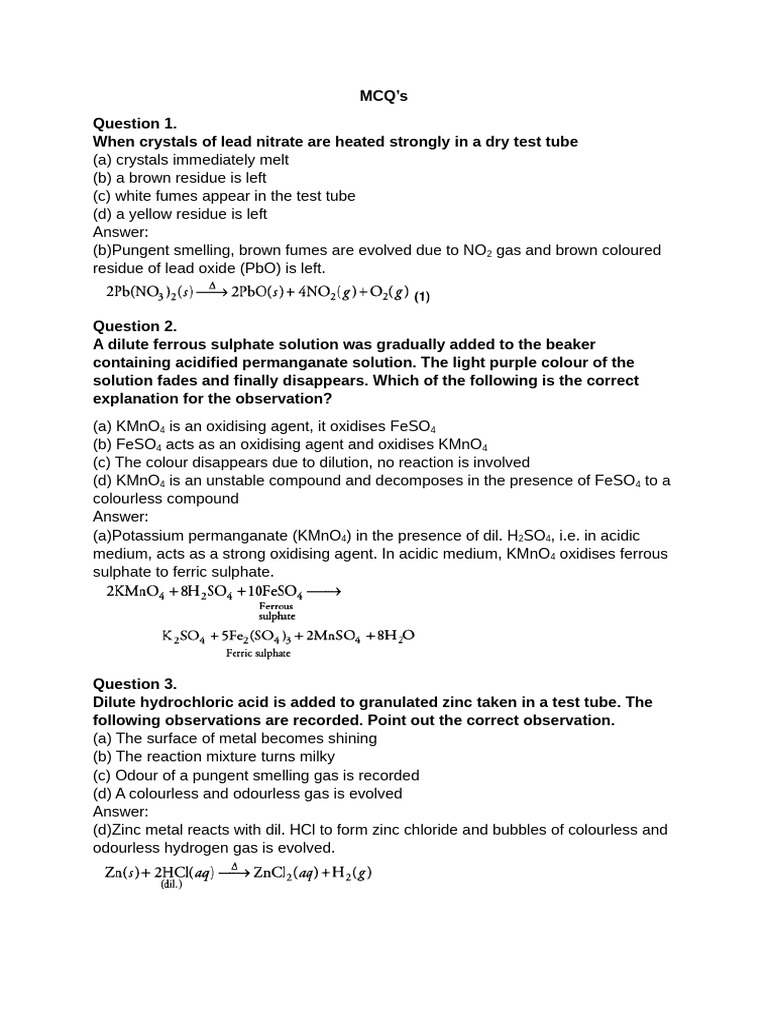 MCQ - Chemical Reactions and Equations | PDF | Hydrochloric Acid | Redox