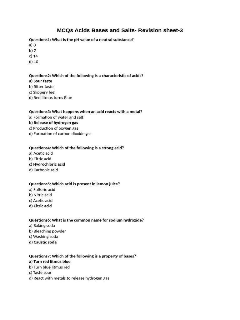 MCQs on Acids, Bases, and Salts | PDF | Acid | Sodium Carbonate