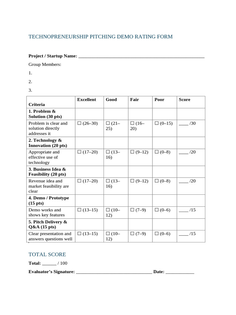 Techno-Entrepreneurship Pitch Rating Form | PDF