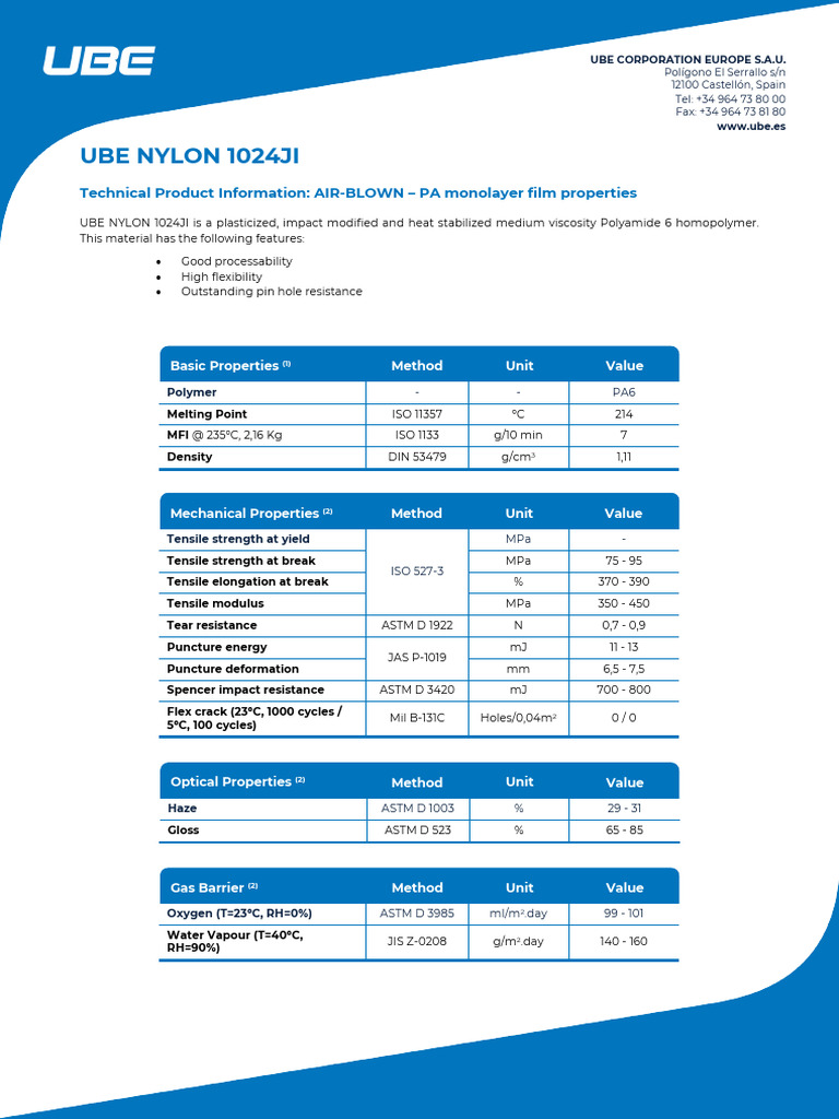 UBE NYLON 1024JI Technical Data Sheet | PDF | Strength Of Materials ...