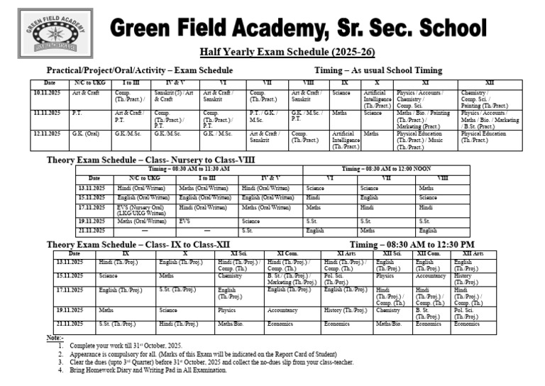 Half Yearly Exam Schedule 2025-26 | PDF | Science