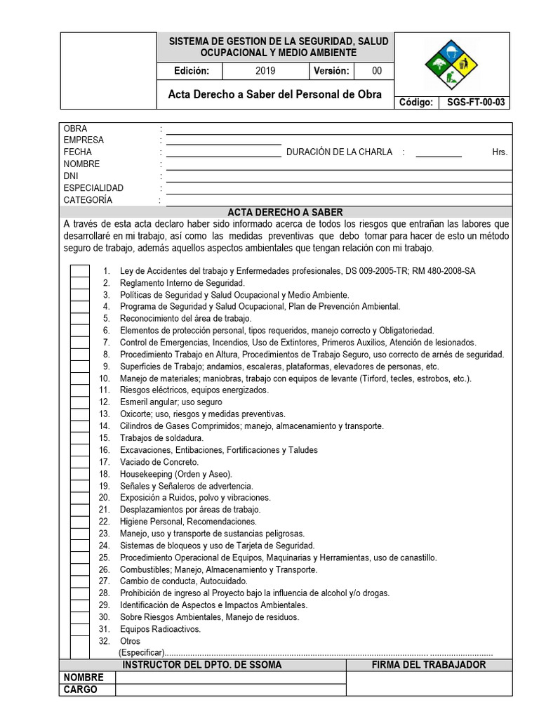 SGS-FT-00-03 Acta de Derecho Saber | PDF | Seguridad y salud ocupacional