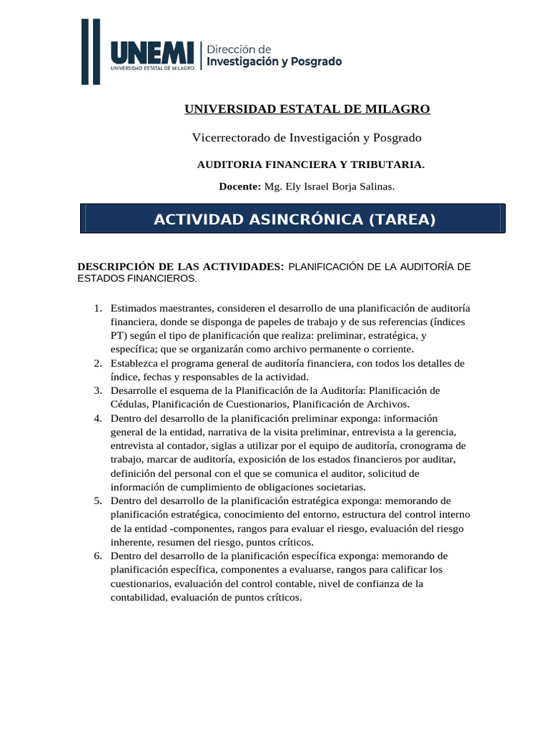 TAREA UNIDAD 1 - Planificación de La Auditoria Financiera | PDF ...