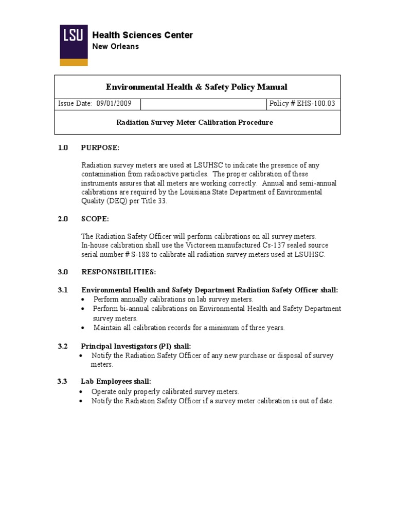 EHS100.03 Radiation Survey Meter Calibration Procedure PDF