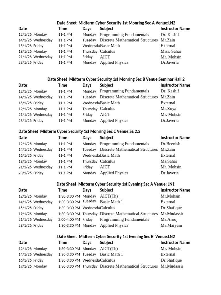 Midterm Cyber Security Schedule 2026 | PDF | Mathematics