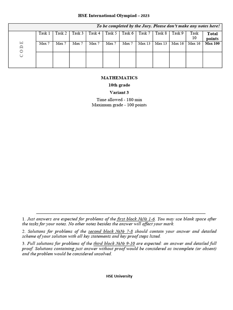 HSE International Olympiad 2023 Math Exam | PDF | Mathematics