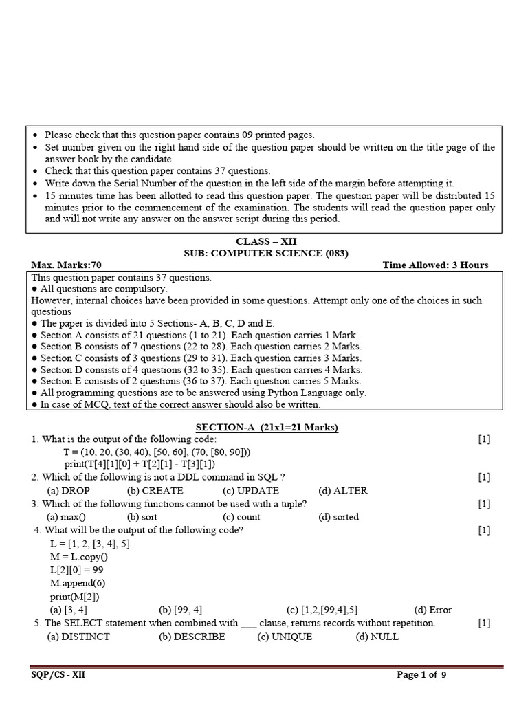 Class XII Computer Science Exam Paper | PDF | Computer Network | Sql