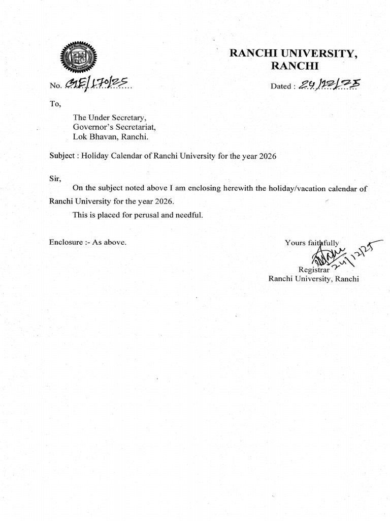 Ranchi University (Holiday Calender 2026) - 1 | PDF