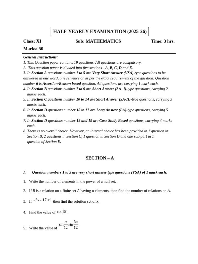 Class XI Mathematics Half-Yearly Exam 2025-26 | PDF | Angle ...