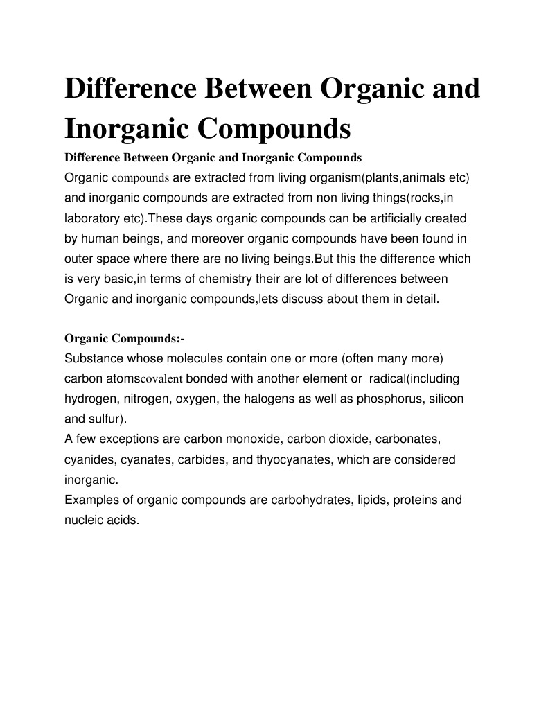 Difference Between Organic And Inorganic Compounds Pdf Organic Compounds Chemical Compounds