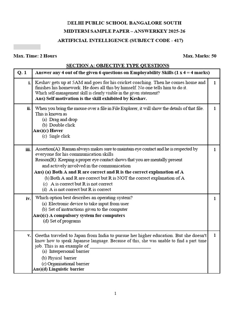 AI Midterm Sample Paper Answer Key 2025-26 | PDF | Machine Learning ...