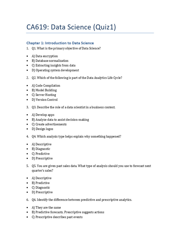 Data Science Quiz: Key Concepts Explained | PDF | Predictive Analytics ...