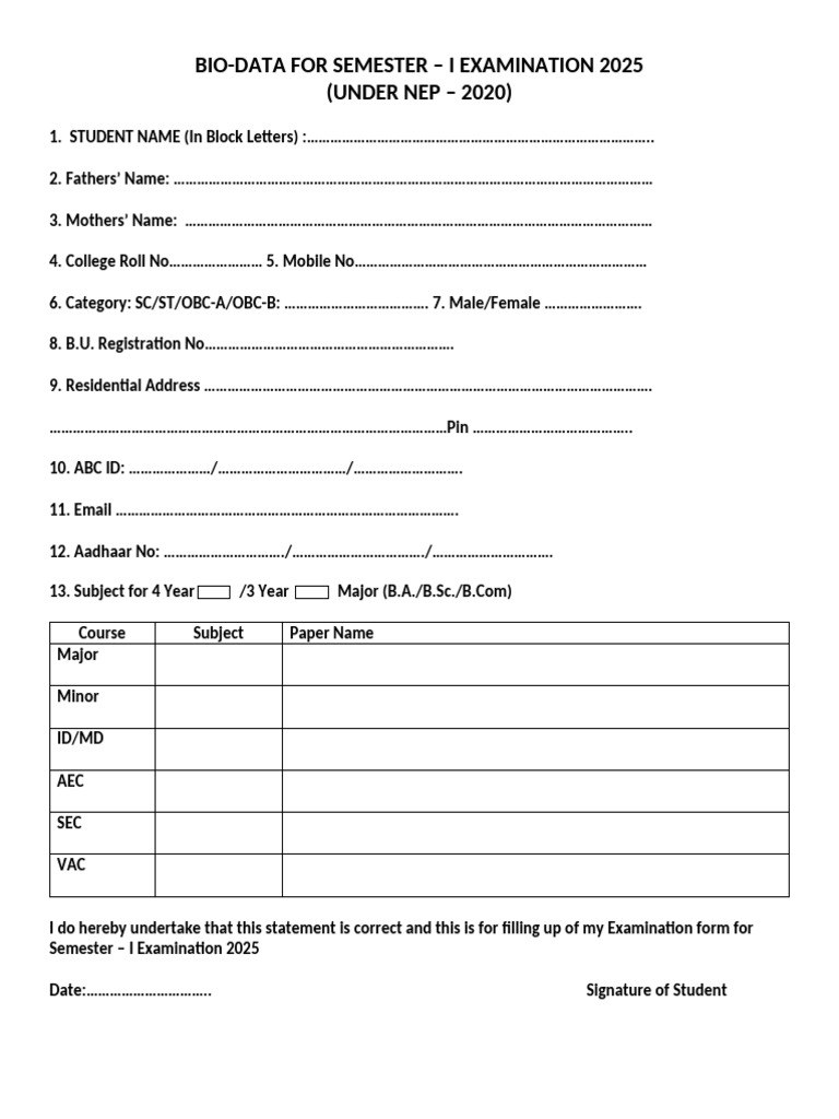 Semester I Exam Bio-Data Form 2025 | PDF