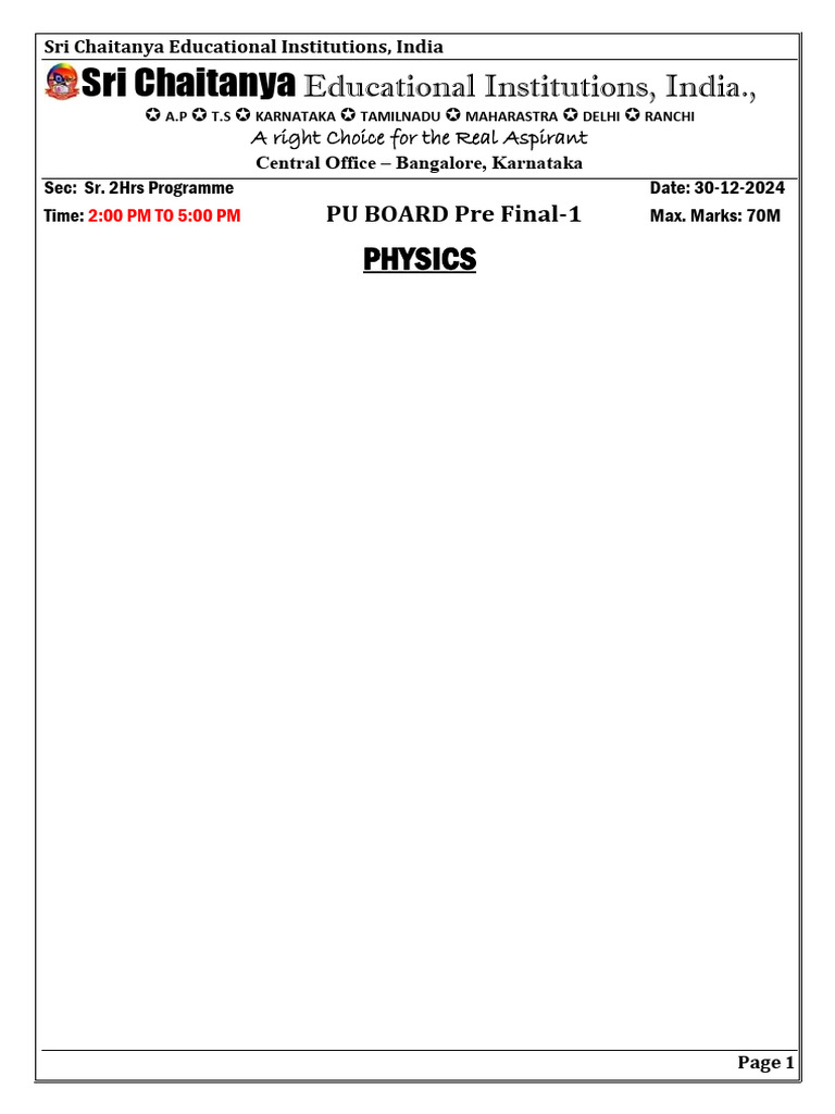 30 12 2024 Sr 2Hrs Programme Pre Final 1 PHY PU Board Q Paper & | PDF ...