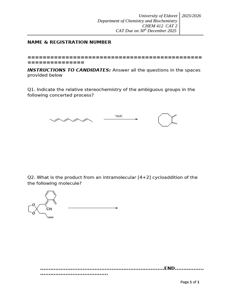 Chem 412 - Cat 2 - Due 30th Dec 2025 | PDF