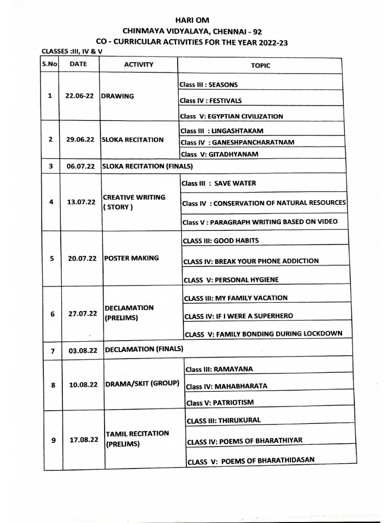 CCA Activity Schedule Dates | PDF