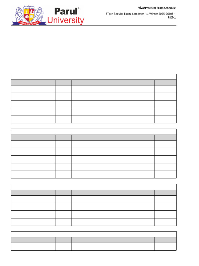 Viva Practical Exam Schedule BTech Regular Exam Semester 1 Winter 2025 ...