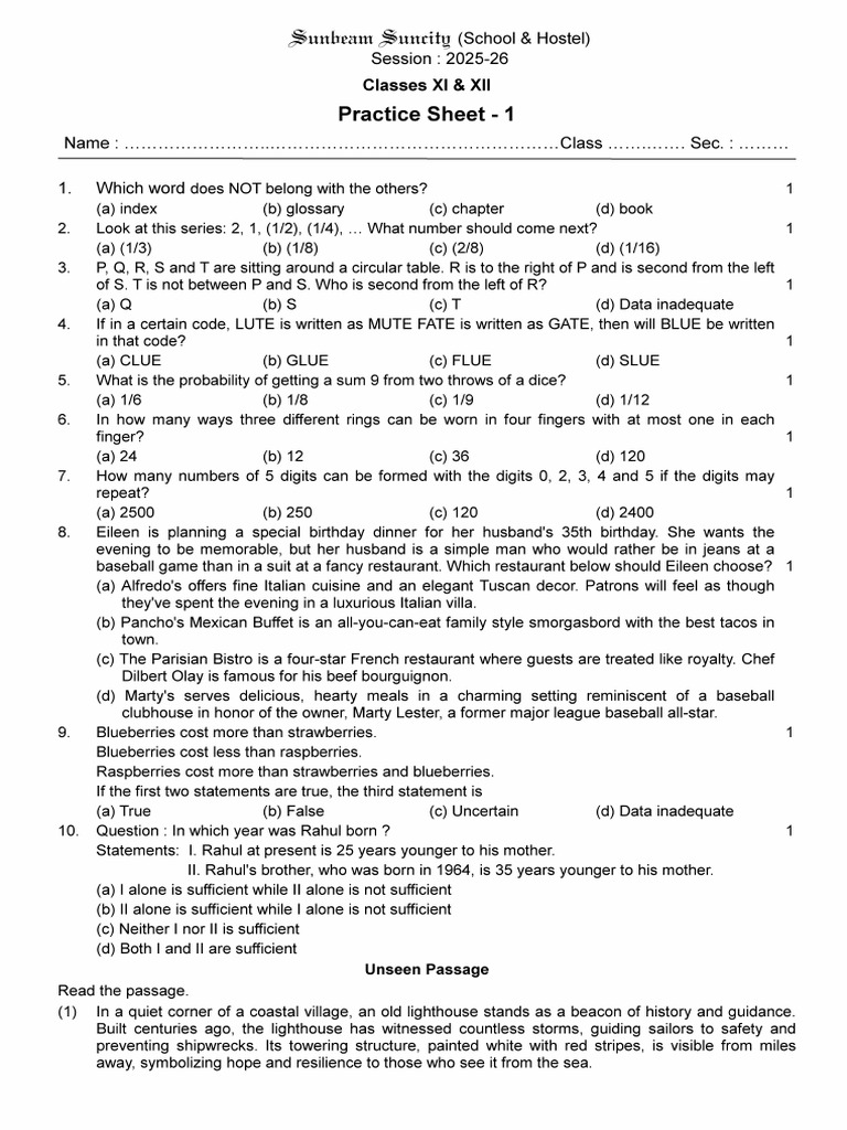 Practice Sheet 1 - XI & XII - 2 | PDF