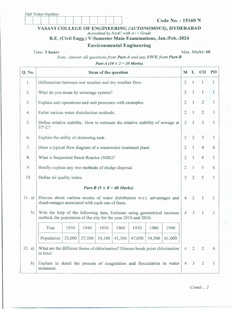 Environmental Engineering Exam Paper | PDF | Sewage Treatment | Sewage
