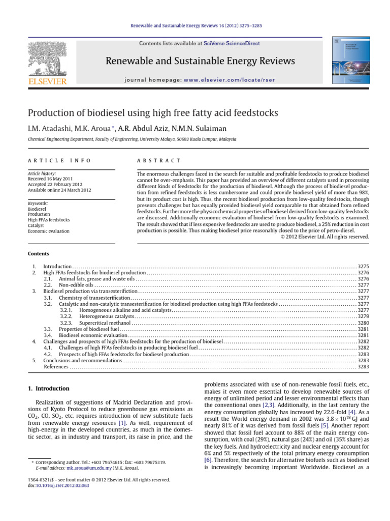 Biodiesel Production from High FFAs | PDF | Biodiesel | Catalysis