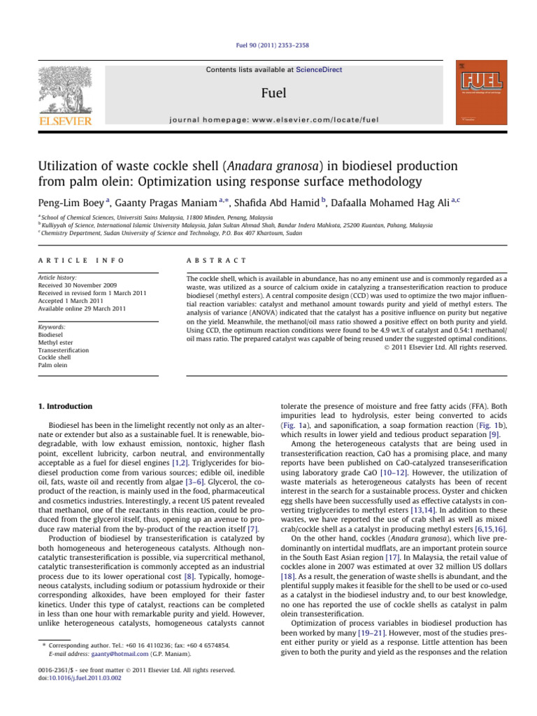 Waste Cockle Shells for Biodiesel Production | PDF | Biodiesel | Catalysis
