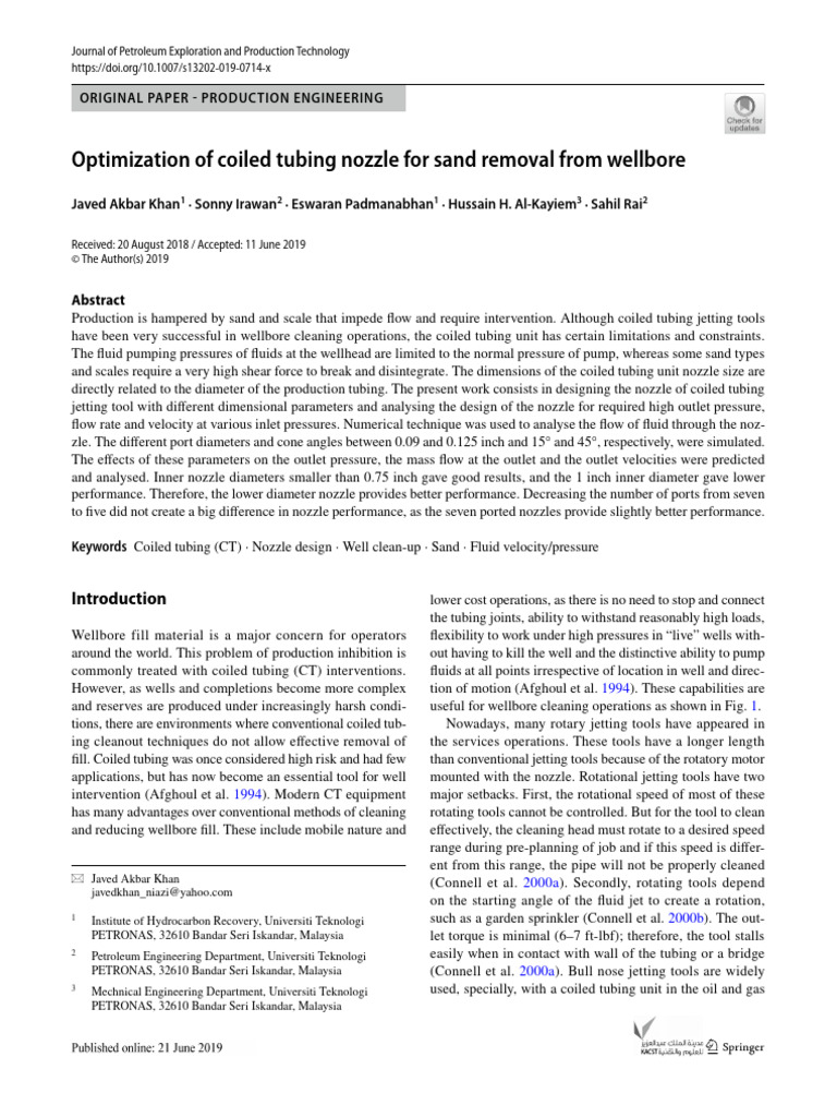Coiled Tubing Nozzle Optimization for Sand Removal | PDF | Flow ...