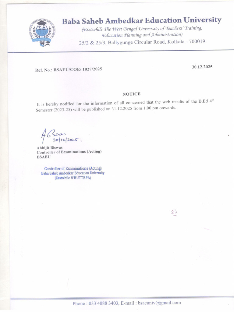Notice For B Ed 4th Semester Web Result | PDF