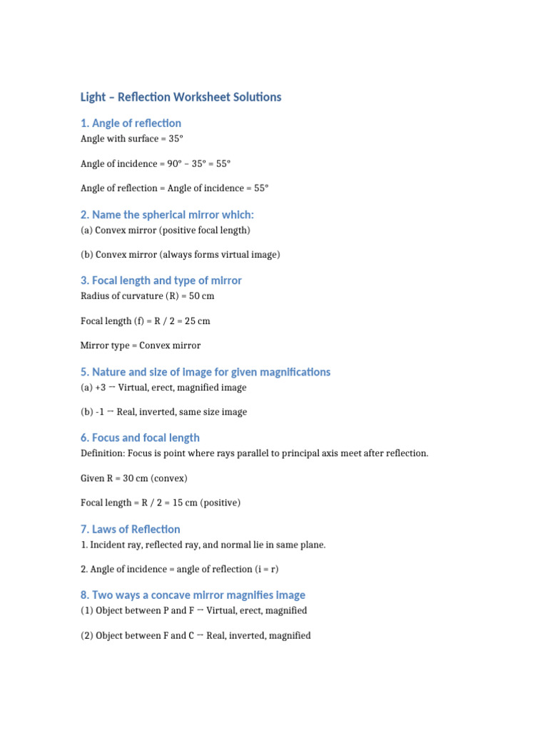 Light Reflection Worksheet Solutions | PDF