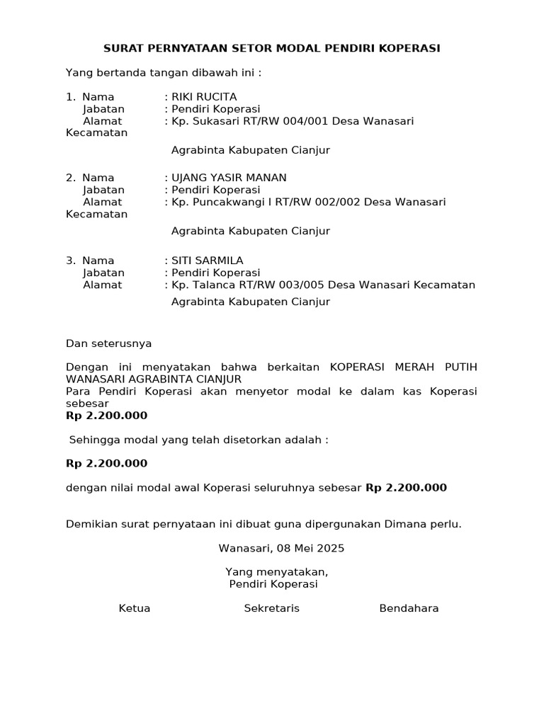 Surat Setoran Modal Koperasi Cianjur | PDF