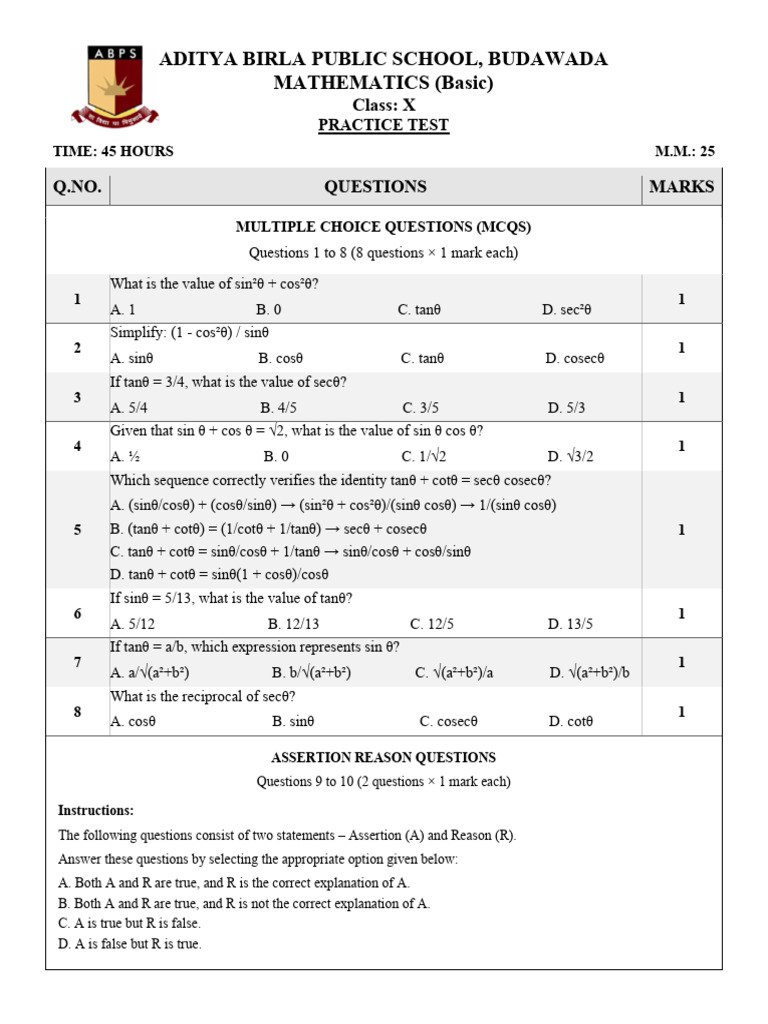 Class X Mathematics Practice Test | PDF | Mathematics | Elementary ...
